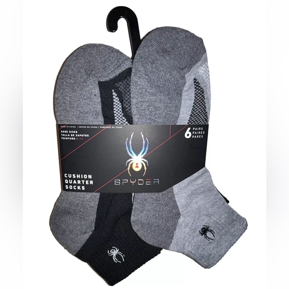 Spyder Quarter Socks 6 Pair Men's 6-12 Gray Black White w Mixed Logo Cushion Ski